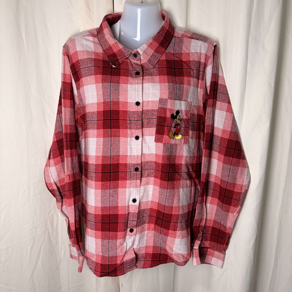 Disney Store Mickey Mouse Plaid Button Down Shirt Mens XL Red White Embroidered